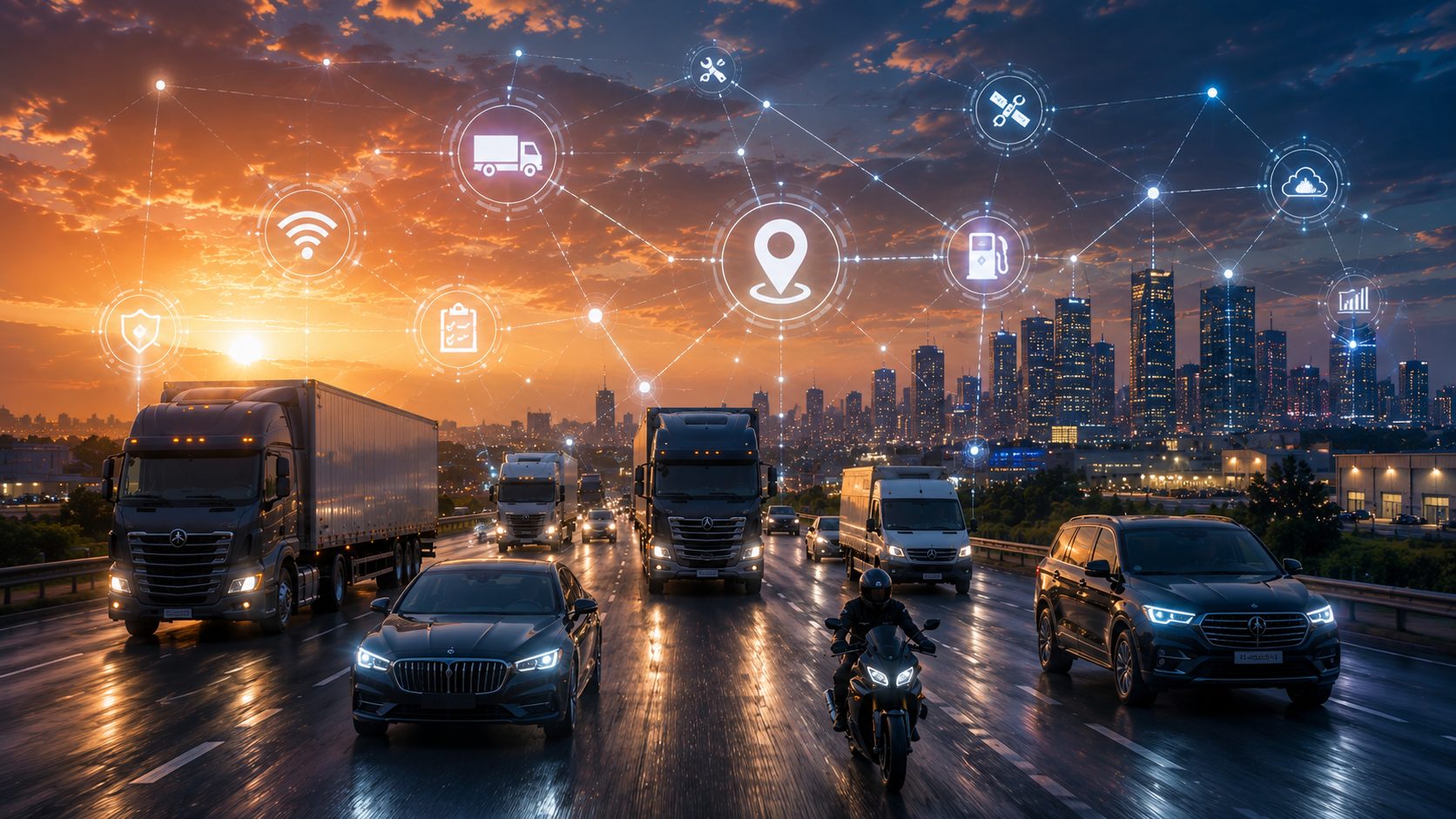 Connected commercial and private vehicles with IoT fleet intelligence at sunset