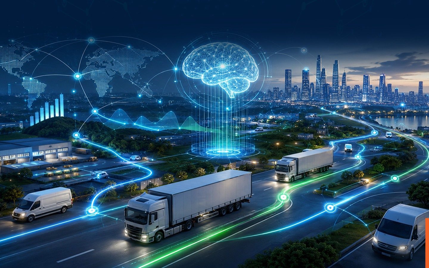 AI optimized logistics network with connected fleet routes